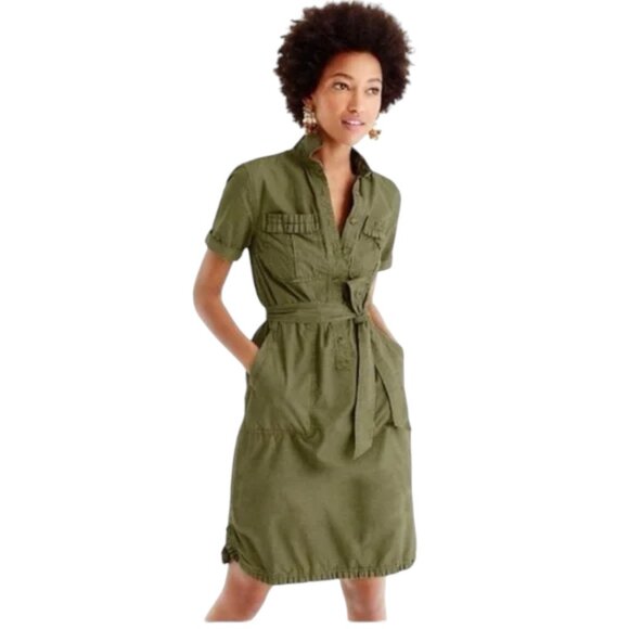 J. Crew Olive Utility Button Front Ruffle Hem Shirt Dress - Picture 1 of 9